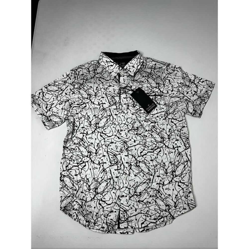 NWT Public Record Big Boys Buttoned Short Sleeve White Black Cotton Shirt Sz 8/S